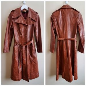 Vintage Cognac Genuine leather jacket fitted long double breasted, w self belt